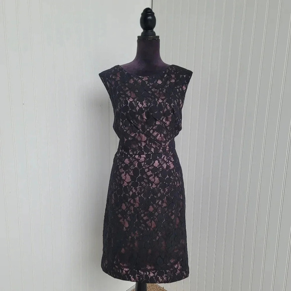 ANTONIO MELANI $169 Black Lace Tan Lined Knit Sheath Sleveless Dress Size 14 - Picture 1 of 11